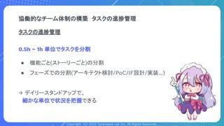 Copyright (C) 2022 Toranoana Lab Inc. All Rights Reserved.
タスクの進捗管理
0.5h ~ 1h 単位でタスクを分割
● 機能ごと(ストーリーごと)の分割
● フェーズでの分割(アーキテクト検討/PoC/IF設計/実装...)
→ デイリースタンドアップで、
　細かな単位で状況を把握できる
協働的なチーム体制の構築　タスクの進捗管理
 