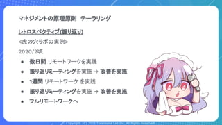 Copyright (C) 2022 Toranoana Lab Inc. All Rights Reserved.
マネジメントの原理原則　テーラリング
レトロスペクティブ(振り返り)
<虎の穴ラボの実例>
2020/2頃
● 数日間 リモートワークを実践
● 振り返りミーティングを実施 → 改善を実施
● 1週間 リモートワーク を実践
● 振り返りミーティングを実施 → 改善を実施
● フルリモートワークへ
 