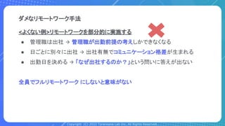 Copyright (C) 2022 Toranoana Lab Inc. All Rights Reserved.
ダメなリモートワーク手法
<よくない例>リモートワークを部分的に実施する
● 管理職は出社 → 管理職が出勤前提の考えしかできなくなる
● 日ごとに別々に出社 → 出社有無でコミュニケーション格差が生まれる
● 出勤日を決める → 「なぜ出社するのか？」という問いに答えが出ない
全員でフルリモートワーク にしないと意味がない
 