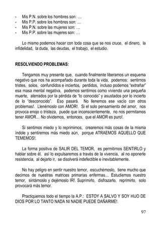 -

Mis P.N. sobre los hombres son: …
Mis P.P. sobre los hombres son: …
Mis P.N. sobre las mujeres son: …
Mis P.P. sobre las mujeres son: …

Lo mismo podemos hacer con toda cosa que se nos cruce, el dinero, la
infidelidad, la duda, las deudas, el trabajo, el estudio.
RESOLVIENDO PROBLEMAS:
Tengamos muy presente que, cuando finalmente liberamos un esquema
negativo que nos ha acompañado durante toda la vida, podemos: sentirnos
tristes, solos, confundidos e inciertos, perdidos, incluso podemos “extrañar”
esa masa mental negativa, podemos sentirnos como viviendo una pequeña
muerte, aterrados por la pérdida de “lo conocido” y asustados por lo incierto
de lo “desconocido”. Eso pasará. No llenemos ese vacío con otros
problemas!. Llenémoslo con AMOR!. Si el solo pensamiento del amor, nos
provoca enojo o tristeza, puede que inconscientemente, no nos permitamos
tener AMOR… No olvidemos, entonces, que el AMOR es puro!.
Si sentimos miedo y lo reprimimos, crearemos más cosas de la misma
índole y sentiremos más miedo aún, porque ATRAEMOS AQUELLO QUE
TEMEMOS!.
La forma positiva de SALIR DEL TEMOR, es permitirnos SENTIRLO y
hablar sobre él, así lo expulsaremos a través de la vivencia, al no oponerle
resistencia, al dejarlo ir, se disolverá indefectible e inevitablemente.
No hay peligro en sentir nuestro temor, escuchémoslo, tiene mucho que
decirnos de nuestras matrices primarias enfermas… Estudiemos nuestro
temor, sintámoslo y dejémoslo IR!. Suprimirlo, disfrazarlo, reprimirlo, solo
provocará más temor.
Practiquemos todo el tiempo la A.P.: ESTOY A SALVO Y SOY HIJO DE
DIOS POR LO TANTO NADA NI NADIE PUEDE DAÑARME!.
97

 