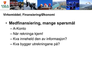 Virkemiddel; Finansiering/Økonomi

 • Medfinansiering, mange spørsmål
    – A-Konto
    – Når rekninga kjem!
    – Kva inneheld den av informasjon?
    – Kva bygger utrekningane på?
 