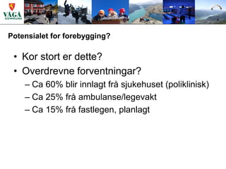 Potensialet for forebygging?

 • Kor stort er dette?
 • Overdrevne forventningar?
    – Ca 60% blir innlagt frå sjukehuset (poliklinisk)
    – Ca 25% frå ambulanse/legevakt
    – Ca 15% frå fastlegen, planlagt
 