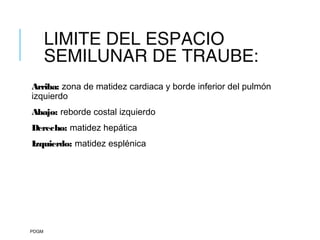 LIMITE DEL ESPACIO
SEMILUNAR DE TRAUBE:
Arriba: zona de matidez cardiaca y borde inferior del pulmón
izquierdo
Abajo: reborde costal izquierdo
Derecho: matidez hepática
Izquierdo: matidez esplénica
PDGM
 