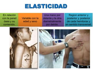 En relación
con la pared
ósea y su
contenido.
Una mano por
delante y la otra
diametralmente
por detrás.
Region anterior y
posterior y posterior
de cada hemitorax y
en sentido transversal.
Variable con la
edad y sexo
.
 