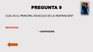 PREGUNTA 9
CUAL ES EL PRINCIPAL MUSCULO DE LA INSPIRACION?
RESPUESTA:
• DIAFRAGMA
 