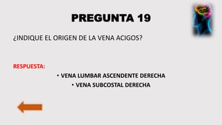 PREGUNTA 19
¿INDIQUE EL ORIGEN DE LA VENA ACIGOS?
RESPUESTA:
• VENA LUMBAR ASCENDENTE DERECHA
• VENA SUBCOSTAL DERECHA
 