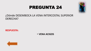 PREGUNTA 24
¿Dónde DESEMBOCA LA VENA INTERCOSTAL SUPERIOR
DERECHA?
RESPUESTA:
• VENA ACIGOS
 