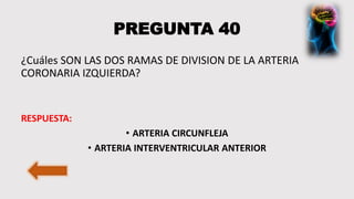 PREGUNTA 40
¿Cuáles SON LAS DOS RAMAS DE DIVISION DE LA ARTERIA
CORONARIA IZQUIERDA?
RESPUESTA:
• ARTERIA CIRCUNFLEJA
• ARTERIA INTERVENTRICULAR ANTERIOR
 