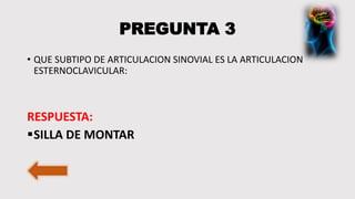 PREGUNTA 3
• QUE SUBTIPO DE ARTICULACION SINOVIAL ES LA ARTICULACION
ESTERNOCLAVICULAR:
RESPUESTA:
SILLA DE MONTAR
 