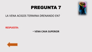 PREGUNTA 7
LA VENA ACIGOS TERMINA DRENANDO EN?
RESPUESTA:
• VENA CAVA SUPERIOR
 