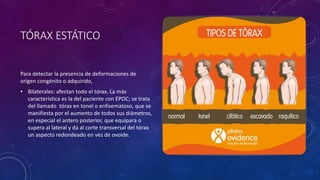 TÓRAX ESTÁTICO
Para detectar la presencia de deformaciones de
origen congénito o adquirido,
• Bilaterales: afectan todo el tórax. La más
característica es la del paciente con EPOC; se trata
del llamado tórax en tonel o enfisematoso, que se
manifiesta por el aumento de todos sus diámetros,
en especial el antero posterior, que equipara o
supera al lateral y da al corte transversal del tórax
un aspecto redondeado en vez de ovoide.
 