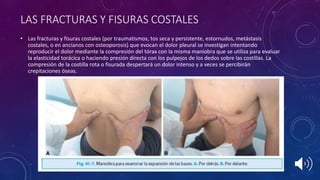 LAS FRACTURAS Y FISURAS COSTALES
• Las fracturas y fisuras costales (por traumatismos, tos seca y persistente, estornudos, metástasis
costales, o en ancianos con osteoporosis) que evocan el dolor pleural se investigan intentando
reproducir el dolor mediante la compresión del tórax con la misma maniobra que se utiliza para evaluar
la elasticidad torácica o haciendo presión directa con los pulpejos de los dedos sobre las costillas. La
compresión de la costilla rota o fisurada despertará un dolor intenso y a veces se percibirán
crepitaciones óseas.
 