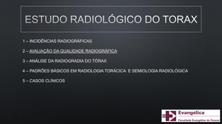 1 – INCIDÊNCIAS RADIOGRÁFICAS
2 – AVALIAÇÃO DA QUALIDADE RADIOGRÁFICA
3 – ANÁLISE DA RADIOGRADIA DO TÓRAX
4 – PADRÕES BÁSICOS EM RADIOLOGIA TORÁCICA E SEMIOLOGIA RADIOLÓGICA
5 – CASOS CLÍNICOS
 