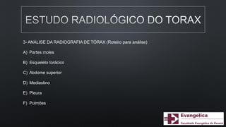 3- ANÁLISE DA RADIOGRAFIA DE TÓRAX (Roteiro para análise)
A) Partes moles
B) Esqueleto torácico
C) Abdome superior
D) Mediastino
E) Pleura
F) Pulmões
 