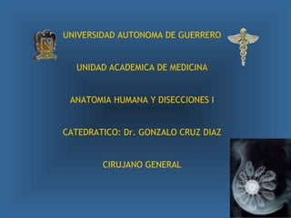 UNIVERSIDAD AUTONOMA DE GUERRERO
UNIDAD ACADEMICA DE MEDICINA
ANATOMIA HUMANA Y DISECCIONES I
CATEDRATICO: Dr. GONZALO CRUZ DIAZ
CIRUJANO GENERAL
 