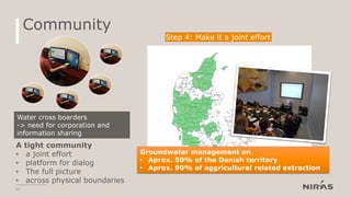 17
Groundwater management on
• Aprox. 50% of the Danish territory
• Aprox. 90% of aggricultural related extraction
A tight community
• a joint effort
• platform for dialog
• The full picture
• across physical boundaries
Community
Step 4: Make it a joint effort
Water cross boarders
-> need for corporation and
information sharing
 