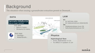 Background
The situation when issuing a groundwater extraction permit in Denmark…
5
DATA
GIS data
• Nature types…
• Streams & rivers…
Well data
• Geology…
• Waterlevels…
LAW
EU
• EU NATURA 2000
• EU Vattendirektivet 2000/60/EG
DK
• Miljøbeskyttelses loven DK
• Naturbeskyttelsesloven DK
Physics
Hydrological flow
• From abstraction in l/s
• To effect in system in cm
 