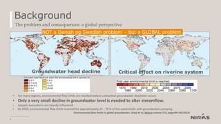 Background
The problem and consequences: a global perspective
6
Environmental flow limits to global groundwater. Graaf et al, Nature volume 574, pages90–94 (2019)
• For many regions, environmental flow limits are reached before substantial groundwater depletion occurs
• Only a very small decline in groundwater level is needed to alter streamflow.
• Aquatic ecosystems are heavily influenced
• By 2050, environmental flow limits reached for approximately 42 - 79 % of the watersheds with groundwater pumping
NOT a Danish og Swedish problem – but a GLOBAL problem
Groundwater head decline Critical effect on riverine system
 