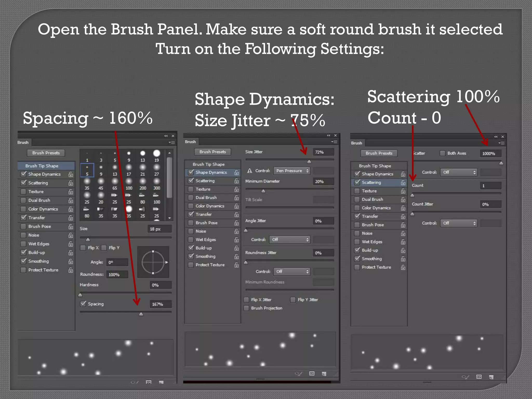 Open the Brush Panel. Make sure a soft round brush it selected
Turn on the Following Settings:

Spacing ~ 160%

Shape Dynamics:
Size Jitter ~ 75%

Scattering 100%
Count - 0

 