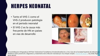 HERPES NEONATAL
• Tanto el VHS-1 como el
VHS-2 producen patología
en el periodo neonatal
• El VHS-2 es la causa más
frecuente de HN en países
en vías de desarrollo
FernandoBaquero ArtigaoabLuis M.Prieto TatobcdJosé TomásRamos AmadoreAnaAlarcón y Cols, Guía de la Sociedad Española de Infectología
Pediátrica sobre prevención, diagnóstico y tratamiento de la infección neonatal por virus herpes simplex. Volume 89, Issue 1, July 2018, Pages
64.e1-64.e10
 