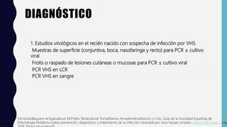 DIAGNÓSTICO
1. Estudios virológicos en el recién nacido con sospecha de infección por VHS
Muestras de superficie (conjuntiva, boca, nasofaringe y recto) para PCR ± cultivo
viral
Frotis o raspado de lesiones cutáneas o mucosas para PCR ± cultivo viral
PCR VHS en LCR
PCR VHS en sangre
FernandoBaquero ArtigaoabLuis M.Prieto TatobcdJosé TomásRamos AmadoreAnaAlarcón y Cols, Guía de la Sociedad Española de
Infectología Pediátrica sobre prevención, diagnóstico y tratamiento de la infección neonatal por virus herpes simplex. Volume 89, Issue 1, July
 