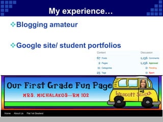 My experience…
Blogging amateur

Google site/ student portfolios
 