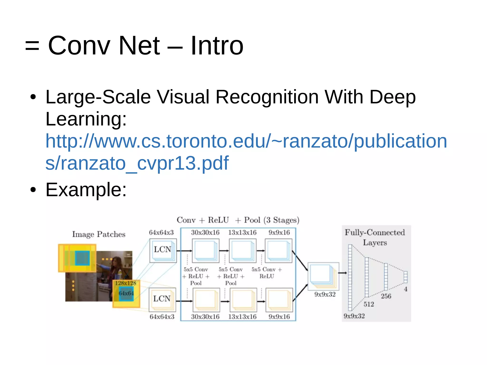 = Conv Net – Intro
● Large-Scale Visual Recognition With Deep
Learning:
http://www.cs.toronto.edu/~ranzato/publication
s/ranzato_cvpr13.pdf
● Example:
