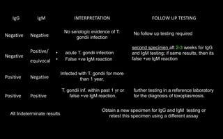 IgG IgM INTERPRETATION FOLLOW UP TESTING
Negative Negative
Negative
Positive/
equivocal
Positive Negative
Positive Positive
No serologic evidence of T.
gondii infection
• acute T. gondii infection
• False +ve IgM reaction
Obtain a new specimen for IgG and IgM testing or
retest this specimen using a different assayAll Indeterminate results
further testing in a reference laboratory
for the diagnosis of toxoplasmosis.
T. gondii inf. within past 1 yr or
false +ve IgM reaction.
Infected with T. gondii for more
than 1 year.
second specimen aft 2-3 weeks for IgG
and IgM testing; if same results, then its
false +ve IgM reaction
No follow up testing required
 