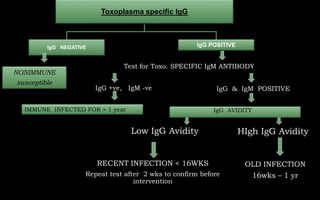 Toxoplasma specific IgG
IgG NEGATIVE IgG POSITIVE
IgG +ve, IgM -ve
NONIMMUNE
susceptible
Test for Toxo. SPECIFIC IgM ANTIBODY
IMMUNE INFECTED FOR > 1 year IgG AVIDITY
Low IgG Avidity HIgh IgG Avidity
OLD INFECTION
16wks – 1 yr
RECENT INFECTION < 16WKS
Repeat test after 2 wks to confirm before
intervention
IgG & IgM POSITIVE
 