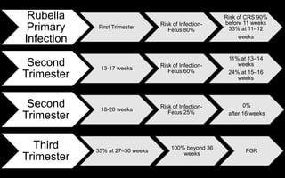 C.A.
Rubella
Primary
Infection
First Trimester
Risk of Infection-
Fetus 80%
Risk of CRS 90%
before 11 weeks
33% at 11–12
weeks
Second
Trimester
13-17 weeks
Risk of Infection-
Fetus 60%
11% at 13–14
weeks
24% at 15–16
weeks
Second
Trimester
18-20 weeks
Risk of Infection-
Fetus 25%
0%
after 16 weeks
Third
Trimester
35% at 27–30 weeks
100% beyond 36
weeks
FGR
 