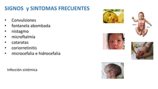 SIGNOS y SINTOMAS FRECUENTES
• Convulsiones
• fontanela abombada
• nistagmo
• microftalmía
• cataratas
• coriorretinitis
• microcefalia e hidrocefalia
Infección sistémica
 