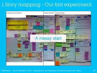 1. Story mapping – Our first experiment

A messy start

IBM Rational . TorCHI - December 12, 2013 . Advancing UX in Your O...