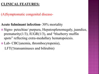 Rubella exposure to pregnant woman(measure rubella IgG)
Already sero+ve known to be Immune status
(immunization/ sero-ve uncertain but
Prior infection) (non immune) exposure +nt
No risk to fetus Sr. titre 3-4wks Sr. titre ASAP
after exposure (within 7-10days)
+ve - ve +ve -ve
Infection No infection already Repeat
immune after 3wks
-ve +ve
No infection Infection
 