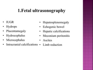 1.Fetal ultrasonography
• IUGR
• Hydrops
• Placentamegaly
• Hydrocephalus
• Microcephalus
• Intracranial calcifications
• Hepatosplenomegaly
• Echogenic bowel
• Hepatic calcifications
• Meconium peritonitis
• Ascites
• Limb reduction
 