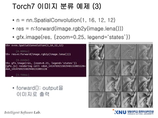 Intelligent Software Lab.
Torch7 이미지 분류 예제 (3)
• n = nn.SpatialConvolution(1, 16, 12, 12)
• res = n:forward(image.rgb2y(image.lena()))
• gfx.image(res, {zoom=0.25, legend=‘states’})
• forward(): output을
이미지로 출력
 
