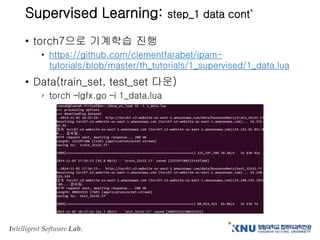 Intelligent Software Lab.
Supervised Learning: step_1 data cont`
• torch7으로 기계학습 진행
• https://github.com/clementfarabet/ipam-
tutorials/blob/master/th_tutorials/1_supervised/1_data.lua
• Data(train_set, test_set 다운)
› torch –lgfx.go –i 1_data.lua
 