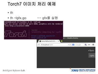 Intelligent Software Lab.
Torch7 이미치 처리 예제
• th
• th –lgfx.go -- gfx를 실행
 