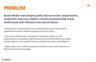 PROBLEM
Social Media now shapes public discourse but corporations,
nonproﬁts and civic leaders cannot systematically track,
understand and inﬂuence the conversation.
• Social Media is fragmented across multiple platforms and lacks search
capabilities and tools needed to separate fact from ﬁction.
• The massive data stream coming from nonproﬁts, politicians and
philanthropists is especially fragmented and cannot eﬀectively be harnessed
to build support, raise capital, enhance visibility and conduct due dilligence.
• Organizations are unable to easily track key discussions and inﬂuencers to
determine how best to engage.
03
 