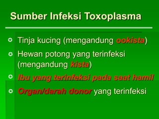 Tinja kucing (mengandung ookista)
Hewan potong yang terinfeksi
(mengandung kista)
Ibu yang terinfeksi pada saat hamil
Organ/darah donor yang terinfeksi
Sumber Infeksi Toxoplasma




 