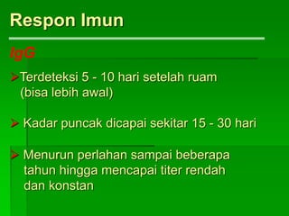 IgG
Terdeteksi 5 - 10 hari setelah ruam
(bisa lebih awal)
 Kadar puncak dicapai sekitar 15 - 30 hari
 Menurun perlahan sampai beberapa
tahun hingga mencapai titer rendah
dan konstan
Respon Imun
 