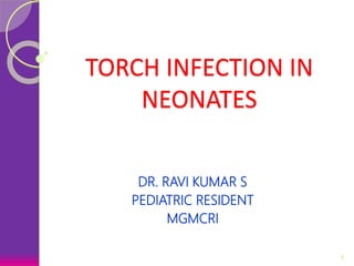 TORCH INFECTION IN
NEONATES
DR. RAVI KUMAR S
PEDIATRIC RESIDENT
MGMCRI
1
 