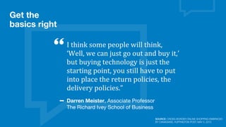 Get the
basics right
I	
  think	
  some	
  people	
  will	
  think,	
  
‘Well,	
  we	
  can	
  just	
  go	
  out	
  and	
  buy	
  it,’	
  
but	
  buying	
  technology	
  is	
  just	
  the	
  
starting	
  point,	
  you	
  still	
  have	
  to	
  put	
  
into	
  place	
  the	
  return	
  policies,	
  the	
  
delivery	
  policies.”
Darren Meister, Associate Professor
The Richard Ivey School of Business
SOURCE: CROSS-BORDER ONLINE SHOPPING EMBRACED
BY CANADIANS, HUFFINGTON POST, MAY 5, 2013
 