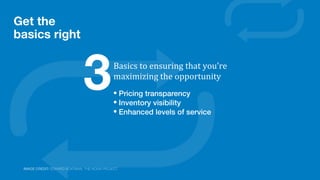 Get the
basics right
• Pricing transparency
• Inventory visibility
• Enhanced levels of service
Basics	
  to	
  ensuring	
  that	
  you’re	
  
maximizing	
  the	
  opportunity
3
IMAGE CREDIT: EDWARD BOATMAN, THE NOUN PROJECT
 