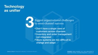 Technology
as uniﬁer
SOURCE: OMNI-CHANNEL 2013: THE LONG ROAD TO
ADOPTION, RETAIL SYSTEMS RESEARCH, JUNE 2013
Biggest	
  organizational	
  challenges	
  
to	
  omni-­‐channel	
  success:
3• Don’t have a single view of
customers across channels
• Inventory and order management
not integrated
• Store systems are too difﬁcult to
change and adapt
IMAGE CREDIT: FRANCISCA AREVALO, THE NOUN PROJECT
 