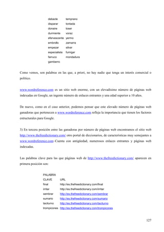 debacle

temprano

disparar

tontada

donaire

toser

durmiente

voraz

efervescente yermo
embrollo

zamarra

empezar

silvar

especialista

fumigar

farruco

mondadura

gamberro

Como vemos, son palabras en las que, a priori, no hay nadie que tenga un interés comercial o
político.

www.wordreference.com es un sitio web enorme, con un elevadísimo número de páginas web
indexadas en Google, un ingente número de enlaces entrantes y una edad superior a 10 años.

De nuevo, como en el caso anterior, podemos pensar que este elevado número de páginas web
ganadoras que pertenecen a www.wordreference.com refleja la importancia que tienen los factores
estructurales para Google.

3) En tercera posición entre las ganadoras por número de páginas web encontramos el sitio web
http://www.thefreedictionary.com/ otro portal de diccionarios, de características muy semejantes a
www.wordreference.com–Cuenta con antigüedad, numerosos enlaces entrantes y páginas web
indexadas.

Las palabras clave para las que páginas web de http://www.thefreedictionary.com/ aparecen en
primera posición son:
PALABRA
CLAVE

URL

final

http://es.thefreedictionary.com/final

irritar

http://es.thefreedictionary.com/irritar

sembrar

http://es.thefreedictionary.com/sembrar

sumario

http://es.thefreedictionary.com/sumario

taciturno

http://es.thefreedictionary.com/taciturno

trompicones http://es.thefreedictionary.com/trompicones

127

 