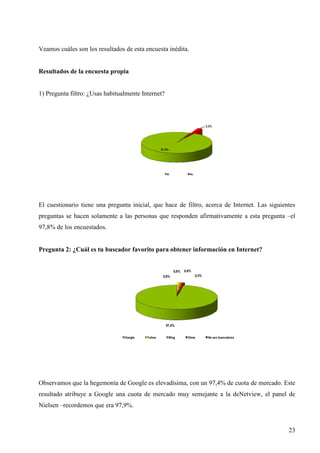 Veamos cuáles son los resultados de esta encuesta inédita.

Resultados de la encuesta propia

1) Pregunta filtro: ¿Usas habitualmente Internet?

2,2%

97,8%

Si

No

El cuestionario tiene una pregunta inicial, que hace de filtro, acerca de Internet. Las siguientes
preguntas se hacen solamente a las personas que responden afirmativamente a esta pregunta –el
97,8% de los encuestados.

Pregunta 2: ¿Cuál es tu buscador favorito para obtener información en Internet?

0,8%
0,8%

0,8%
0,3%

97,4%

Google

Yahoo

Bing

Otros

No uso buscadores

Observamos que la hegemonía de Google es elevadísima, con un 97,4% de cuota de mercado. Este
resultado atribuye a Google una cuota de mercado muy semejante a la deNetview, el panel de
Nielsen –recordemos que era 97,9%.

23

 