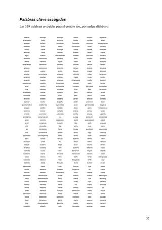 Palabras clave escogidas
Las 359 palabras escogidas para el estudio son, por orden alfabético:

abarca

borrego

durango

hastío

moviles

acampada

botin

durazno

hocico

mundial

sigüenza
silvar

acelerar

búfalo

durmiente

horizontal

municion

sinverguenza

adefesio

bufar

ebano

horoscopo

nadal

somalia

adolfo

cabal

ecología

hostal

natalia

sonsoles

adornar

calor

edición

hoteles

negar

suerte

agua

camilo

efervescente

húmedo

noviciado

sumario

albacete

canciones

eficacia

ibero

novillos

sumerio

alierta

cándido

egipto

icade

oca

taciturno

almacenaje

cantautor

eliminar

idiomas

ofertas

tambor

almería

carbonero

embrollo

idóneo

orlando

tanzania

alonso

carlos

emilio

ignacio

ortega

televisor

alquiler

carpinteros

empezar

indómito

ortiga

temprano

amancio

casillas

empleo

ingles

oveja

tendón

amarillo

casino

empresa

inmaculada

ovidio

teodoro

amedrentar

castilla

encantada

inmortal

paris

termita

amor

cecilia

encuentros

inversión

parroquia

termópilas
terremoto

ana

célebre

encuesta

irritar

pato

analfabeto

cetme

erasmo

italia

patricia

teruel

anomalía

chistes

erizo

jaen

pedro

tomás

anuncio

clases

españa

jamon

pelicula

tontada

aparcar

coche

España

jarrón

pensiones

toser

apartamentos

colchones

especialista

javier

pentecostés

tragaluz
trompicones

aragon

coliflor

establo

jíbaro

perro

arancha

comer

estrella

jimena

pienso

tunez

aranda

comercio

eutanasia

joroba

playas

uganda

arándanos

comunicacion

eva

juerga

población

universidad

aries

concha

expansion

lanza

puercoespín

uranio

arroz

congreso

experto

lata

puño

uruguay

arte

consolas

faja

leche

que

vaca

as

contactos

fama

lengua

querétano

vacaciones

asar

contaminar

familia

lérida

rajoy

valencia

ascensión

convergencia

fanta

lerma

rama

valladolid

asco

coraje

farruco

leyenda

rambo

valor

asuncion

crisis

fe

libros

ramiro

venecia
verano

ataque

cubero

felipe

licuar

rancho

atractivo

culebra

felix

lipotimia

refranes

viajes

bachata

cuzco

feliz

llamarada

religion

vicente

badalona

dama

fernando

llamazares

relincho

video

bailar

danza

fima

llanto

remar

videojuegos

baleares

daroca

final

llongueras

renfe

vigo

ballesta

datos

finiquito

lluvia

reunion

viruela

baloncesto

david

folio

londres

riga

voraz

bambi

debacle

fomento

longaniza

río

vuelos

bancos

debate

fontaneros

lorca

roberto

vuelta

barcelona

democracia

forraje

lorenzo

rodolfo

washington
wyoming

barco

demostración

fotos

loteria

roja

barniz

dentellada

francia

lunes

ropa

xavierre

beatriz

dentista

frente

luz

rugido

xilocopa

becas

deporte

fuente

madrid

rumania

ya

belén

derrape

fumigar

mandolina

salitre

yegua

benicasim

desnudo

futbol

marca

salud

yermo

berza

detención

gamberro

marciano

sara

yucatán

beso

dictadura

gamo

marta

segovia

zamarra

blog

discapacitado

garantía

master

seguros

zamora

bocadillo

diseño

gato

mercedes

sembrar

zapata

32

 