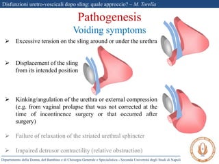 Disfunzioni uretro-vescicali dopo sling: quale approccio? – M. Torella
Dipartimento della Donna, del Bambino e di Chirurgia Generale e Specialistica - Seconda Università degli Studi di Napoli
 Excessive tension on the sling around or under the urethra
 Displacement of the sling
from its intended position
 Kinking/angulation of the urethra or external compression
(e.g. from vaginal prolapse that was not corrected at the
time of incontinence surgery or that occurred after
surgery)
 Failure of relaxation of the striated urethral sphincter
 Impaired detrusor contractility (relative obstruction)
Pathogenesis
Voiding symptoms
 