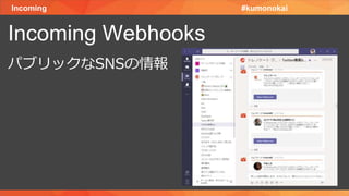 Incoming
Incoming Webhooks
#kumonokai
パブリックなSNSの情報
 