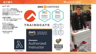 自己紹介
●山下 光洋
トレノケート株式会社
ラーニングサービス本部
テクニカルトレーニング第1部
技術教育エンジニア
AWS認定インストラクター
●過去の経歴
・SI ソフトウェアエンジニア
・ユーザー企業 IT部門
●コミュニティ
ヤマムギ(勉強会) ,
JAWS-UG OSAKA,
JAWS-UG IoT関西支部,
kintone Cafe大阪
●好きなAWSの
サービス
#kumonokai
 